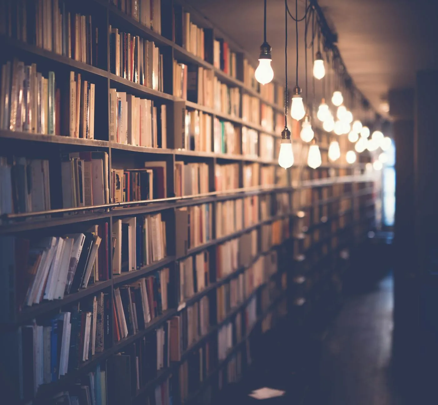 A reading room: shelves of books receding under warm hanging lights